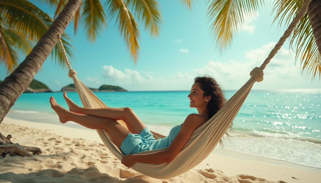 How to Travel Inexpensively,Woman lounging in a hammock on a beach with palm trees and ocean in the background.