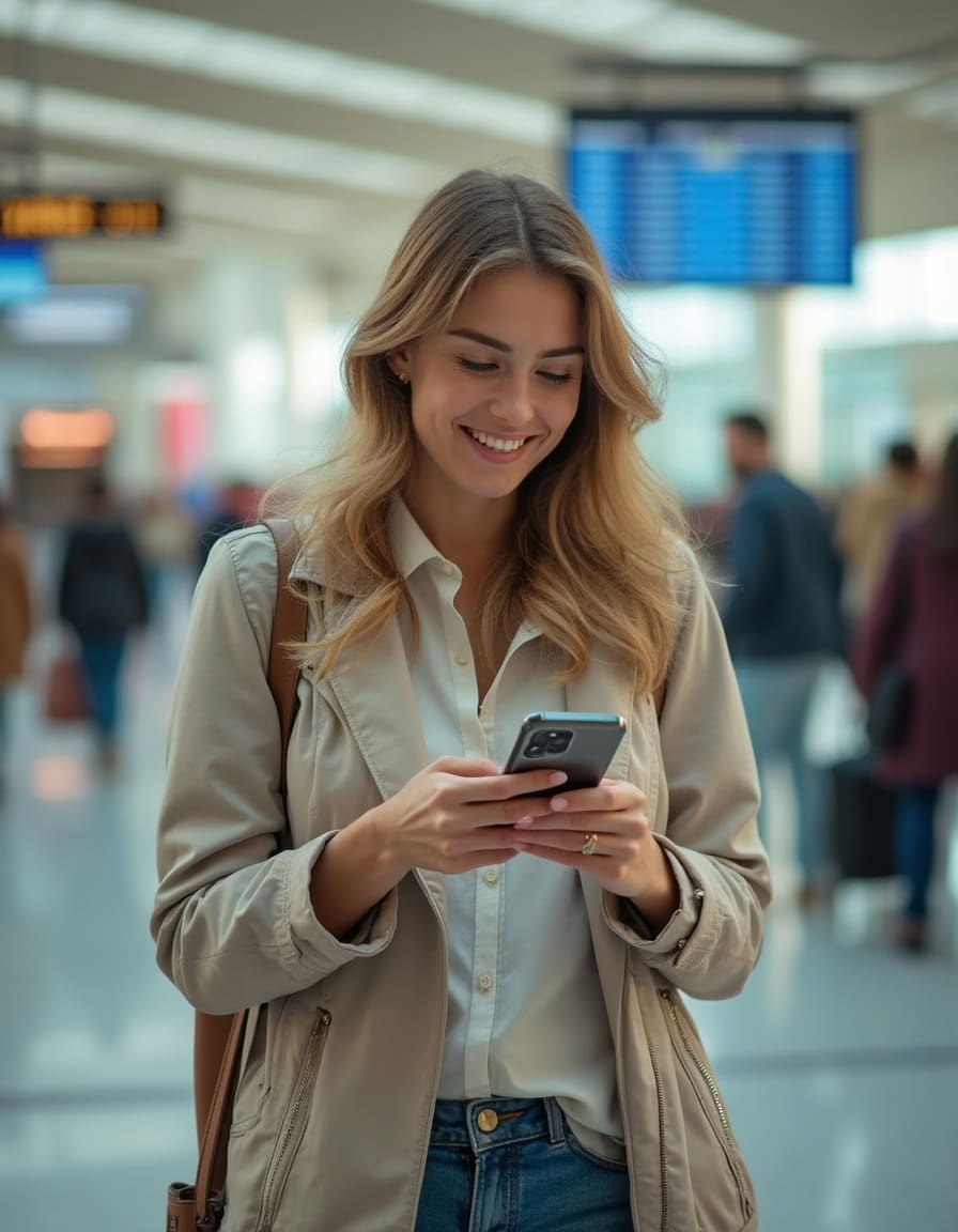 A woman with long hair smiles while using a smartphone at an airport terminal.