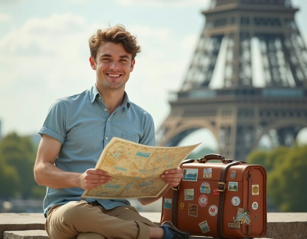 How to Plan Travel Itinerary, Young man sitting on a ledge holding a map with the Eiffel Tower in the background.