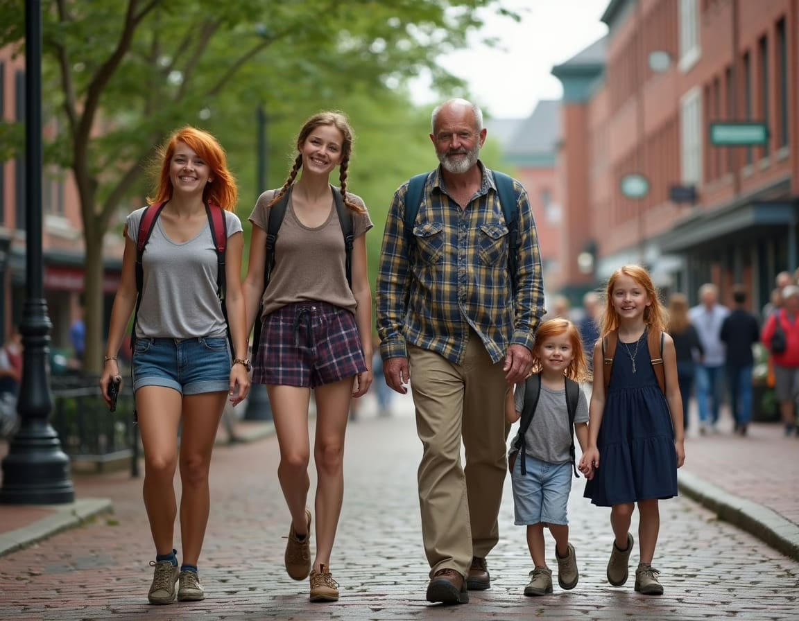 A family of five walking together on a city street, smiling and enjoying their time outdoors.
