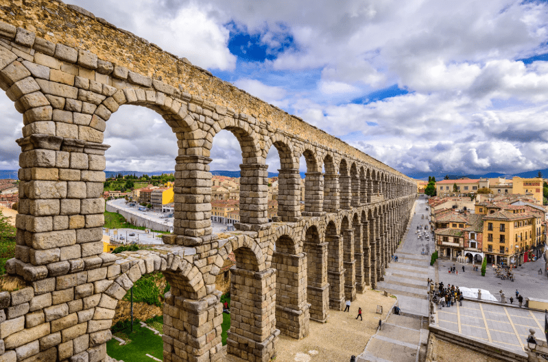 Ancient stone aqueduct with multiple arches stretches across a cityscape in Segovia, Spain, under a partly cloudy sky, with people walking near its base and colorful buildings in the background.