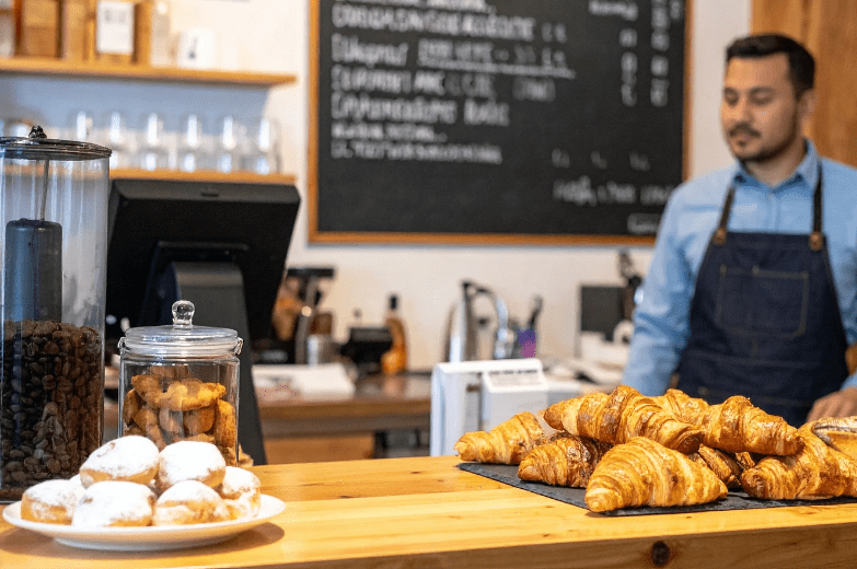 A café counter with trays of croissants—common food in France—pastries dusted with powdered sugar, a jar of cookies, and a coffee bean dispenser. A barista in a blue shirt and apron stands behind the counter with a chalkboard menu in the background.
