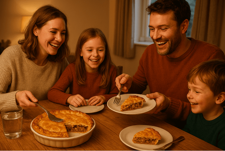 Common Food in England, A smiling family of four sits at a table, serving and enjoying a homemade pie together—a common food in England. The warm, cozy lighting creates a happy, inviting atmosphere.