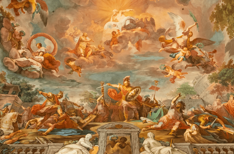 A vibrant Baroque ceiling fresco, inspired by the splendor of UNESCO World Heritage Sites in Italy, depicts gods and warriors in dramatic poses beneath a radiant central figure, surrounded by clouds, cherubs, and dynamic movement below.