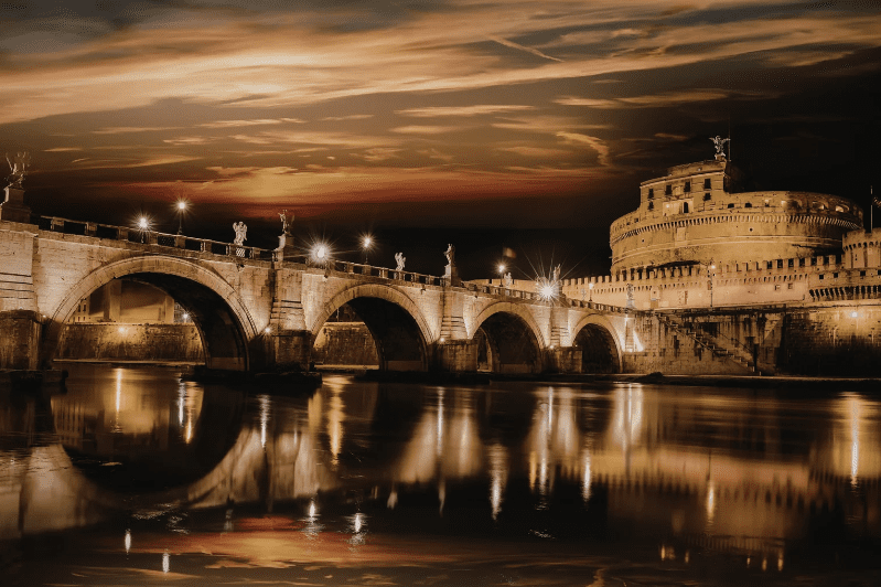 Best Photo Spots in Rome, Bridge and castle at sunset